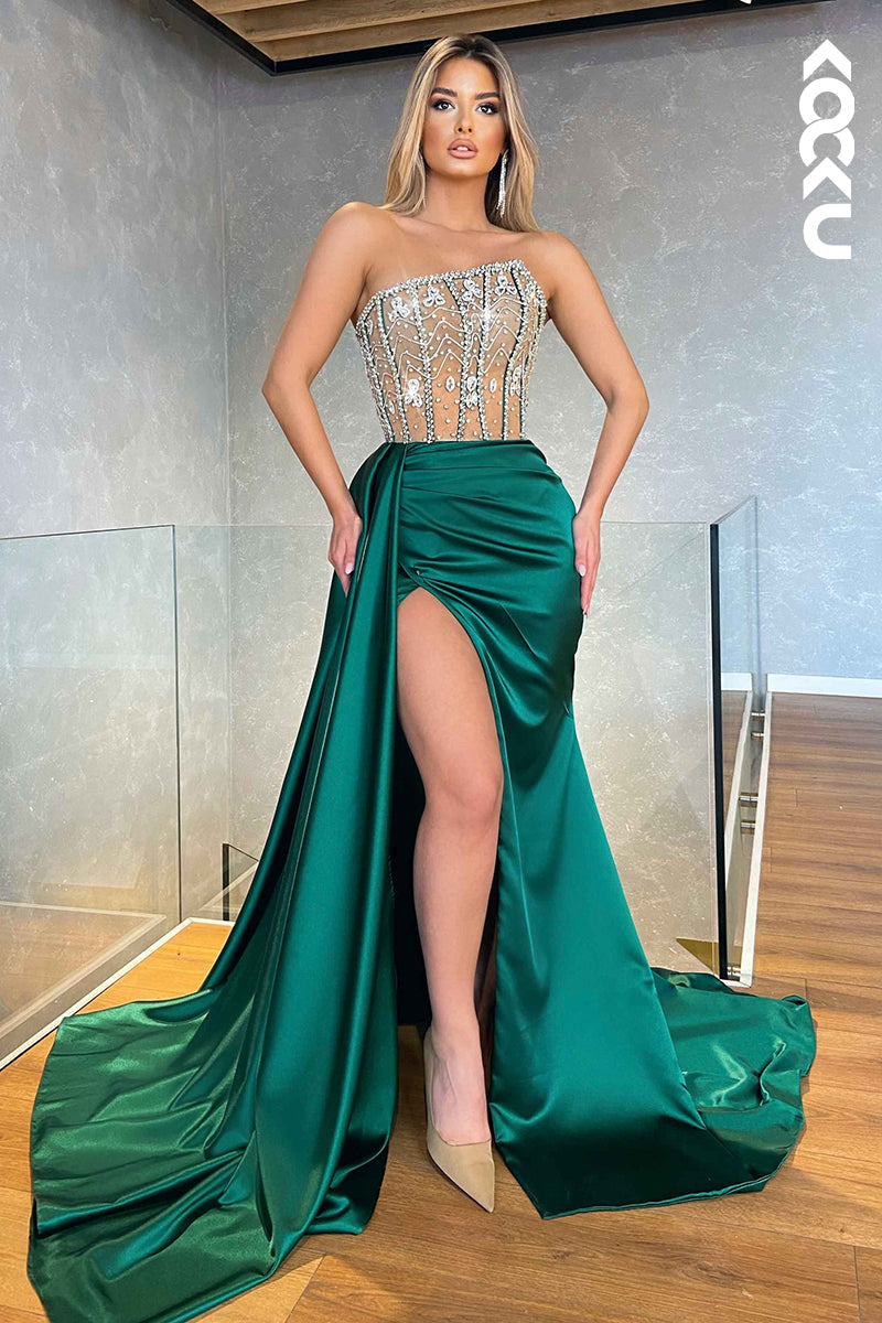 L2436 - Gorgeous & Charming Strapless Sleeveless Illusion Ruched Mermaid Slit Prom Dress With Rhinestone