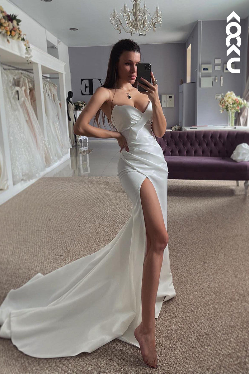 K2056 - Simple & Casual V-Neck Sleeveless Sheath Mermaid Ruched Side Slit Wedding Dress