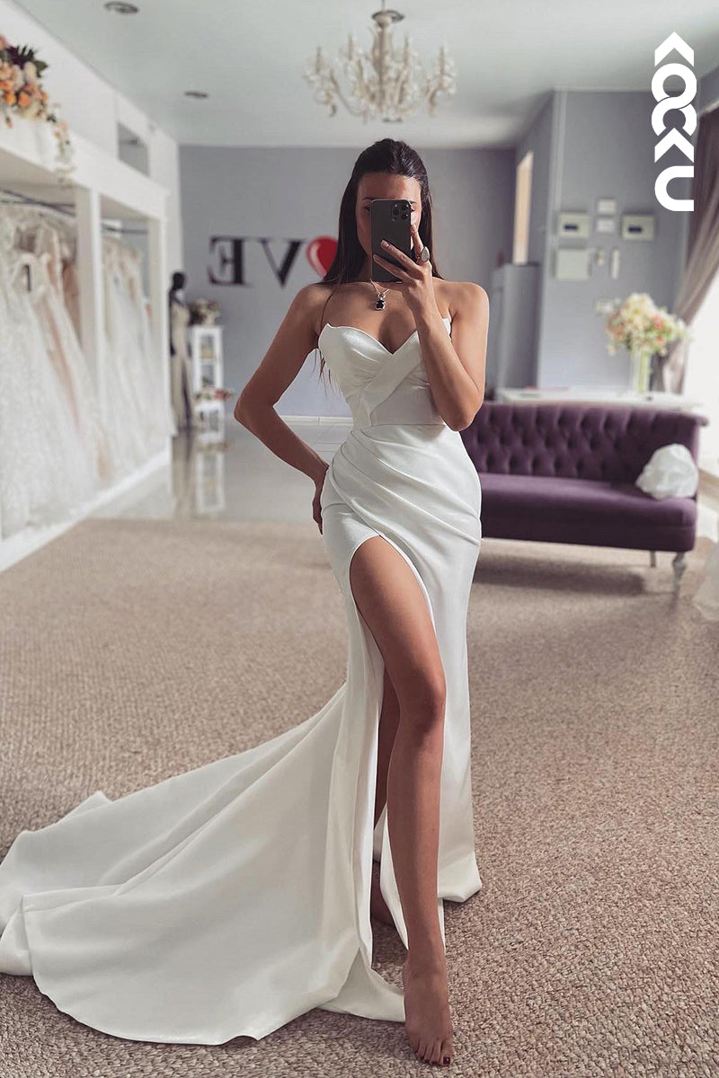 K2056 - Simple & Casual V-Neck Sleeveless Sheath Mermaid Ruched Side Slit Wedding Dress