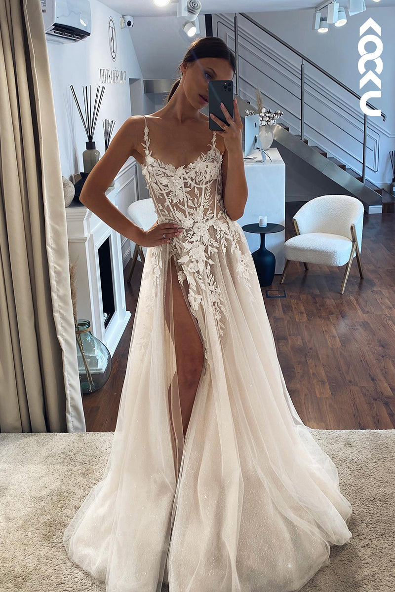 K1870 - Charming & Luxurious Spaghetti Straps V-Neck Applique A-Line Side Slit Wedding Dress