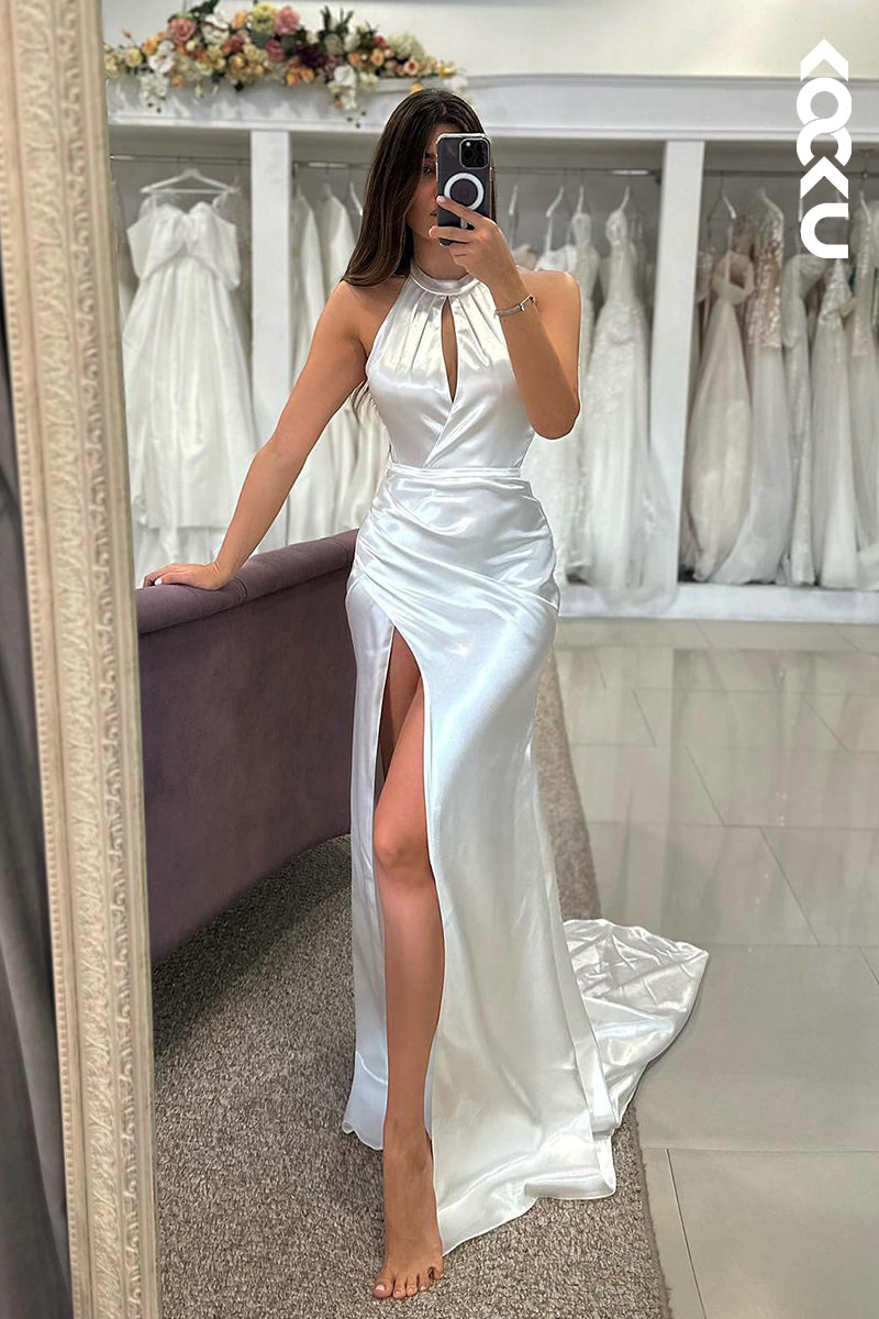 K2071 - Simple & Casual Halter Sleeveless Side Slit Ruched Mermaid Satin Wedding Dress