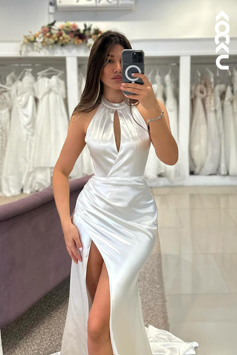 K2071 - Simple & Casual Halter Sleeveless Side Slit Ruched Mermaid Satin Wedding Dress