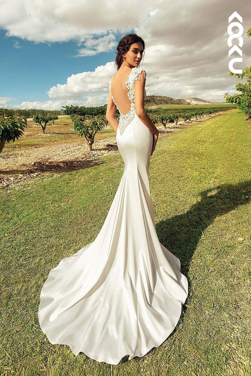 K1046 - Simple & Sexy Backless Sleeveless Mermaid Wedding Prom Dress