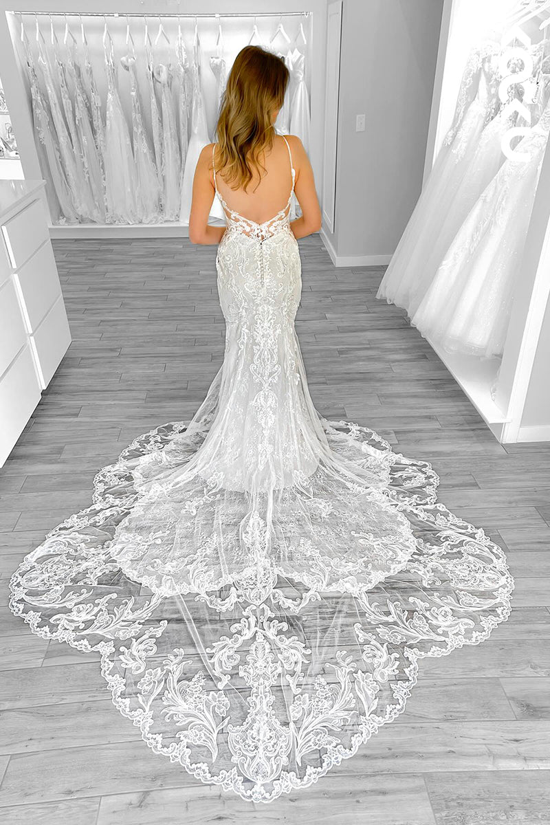 K2031 - Glamorous & Dramatic Spaghetti Straps Mermaid V-Neck Lace Applique Wedding Dress