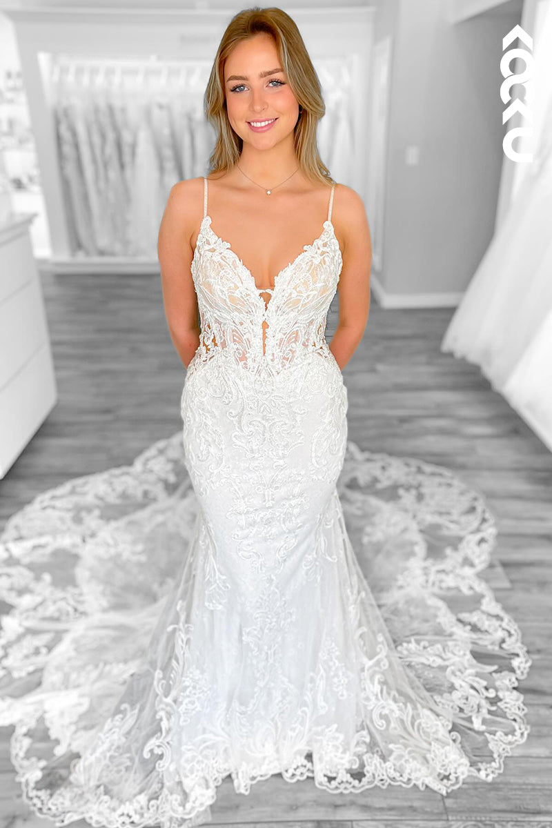 K2031 - Glamorous & Dramatic Spaghetti Straps Mermaid V-Neck Lace Applique Wedding Dress