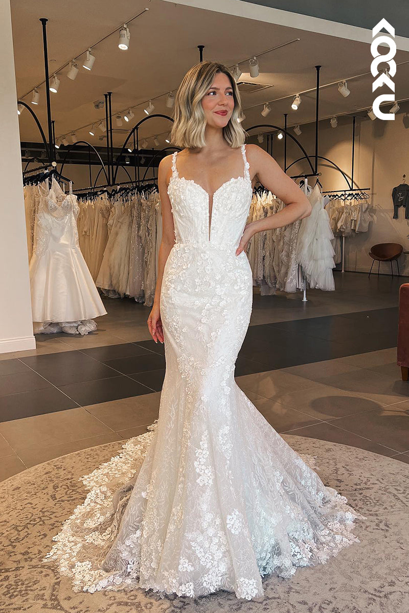 K1859 - Romantic & Charming Mermaid Spaghetti Straps V-neck Applique Wedding Dress