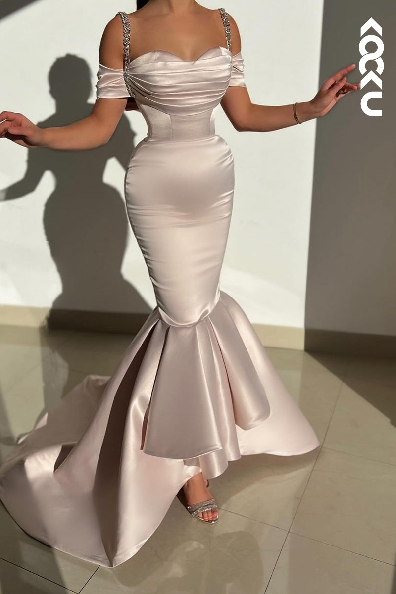 L2364 - Rhinestone Straps Cap Sleeves Off-Shoulder Mermaid Sheath Party Prom Dress