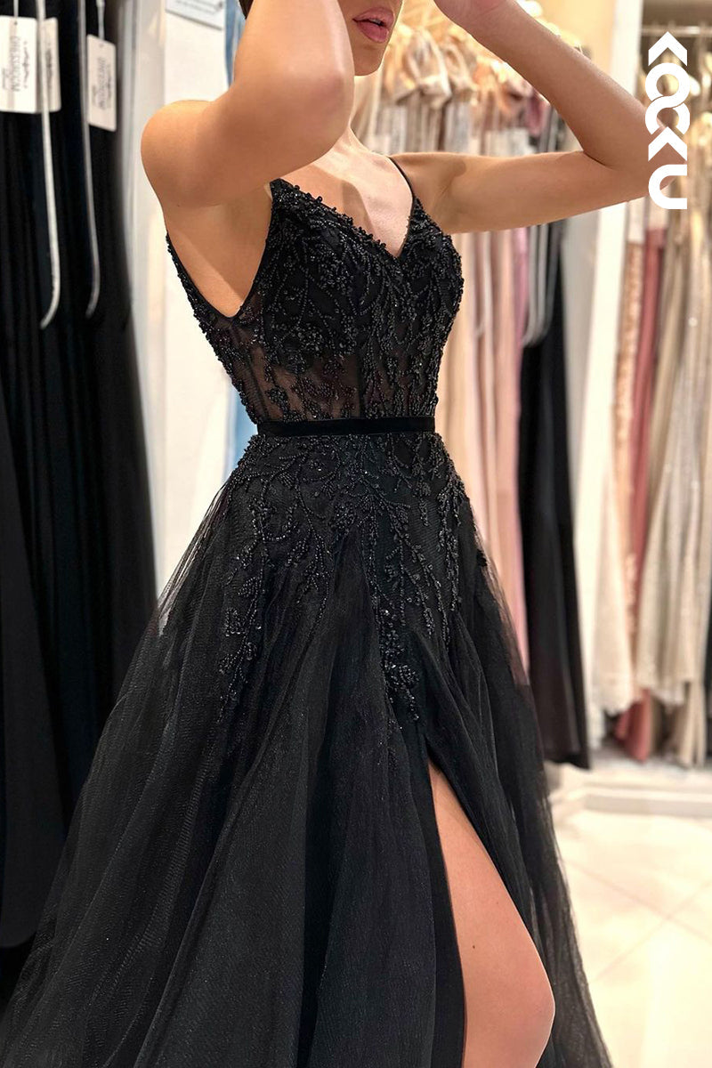 L2459 - Classic & Timeless Spaghetti straps V-neck A-Line Slit Tulle Formal Prom Dress With Applique