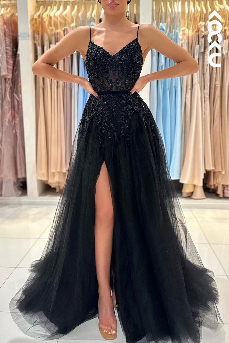 L2459 - Classic & Timeless Spaghetti straps V-neck A-Line Slit Tulle Formal Prom Dress With Applique