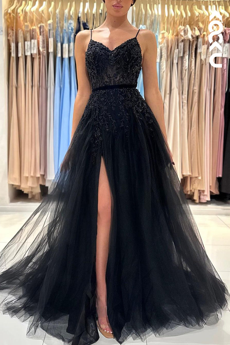 L2459 - Classic & Timeless Spaghetti straps V-neck A-Line Slit Tulle Formal Prom Dress With Applique