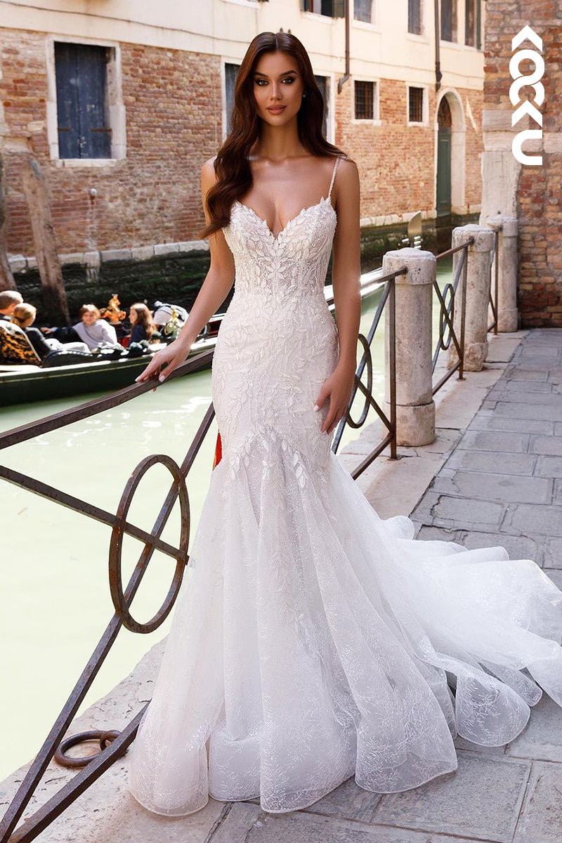 K1942 - Couture & Ornate Spaghetti Straps V-neck Mermaid Applique Tulle Wedding Dress