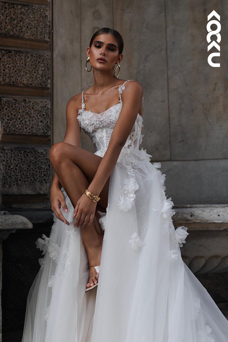 K2039 - Glamorous & Dramatic Spaghetti Straps Square Side Slit A-line Tulle Wedding Dress