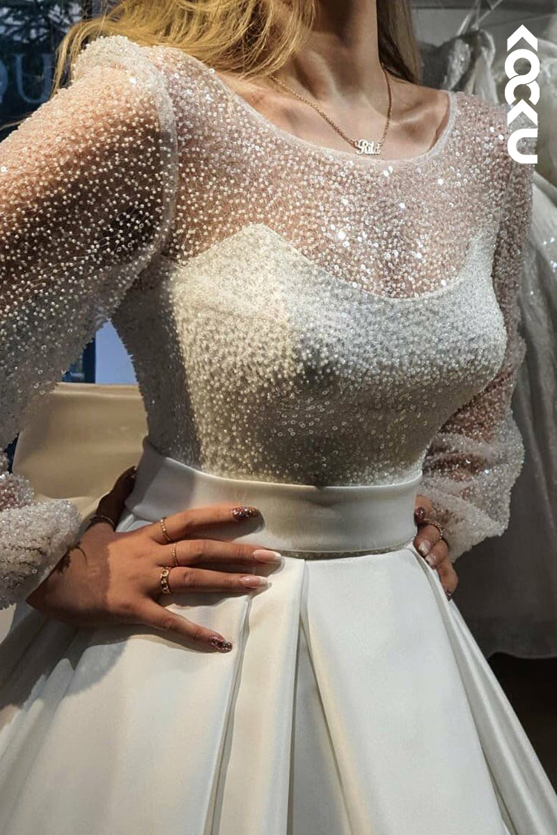 K2072 - Gorgeous & Charming Long Sleeves A-line Beaded Wedding Dress