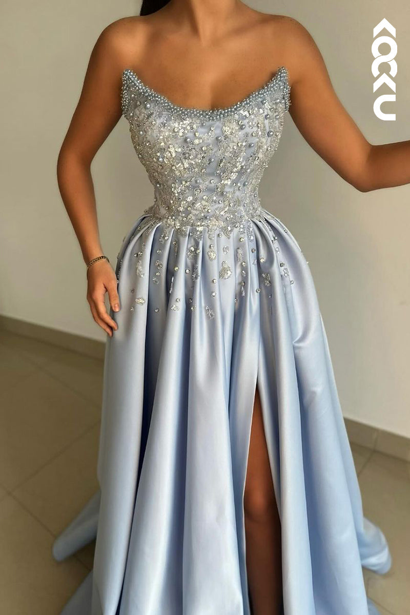 L2361 - Elegant & Luxurious Beaded Off-Shoulder Sleeveless Long A-Line Slit Formal Prom Dress