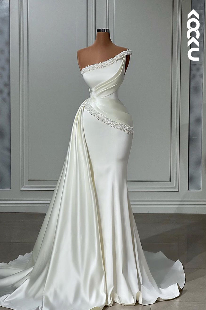 L2378 - White One-Shoulder Elegant Sleeveless Beaded Ruched Mermaid Formal Prom Dress