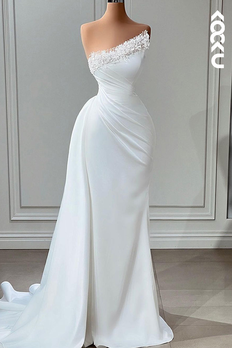 L2378 - White One-Shoulder Elegant Sleeveless Beaded Ruched Mermaid Formal Prom Dress