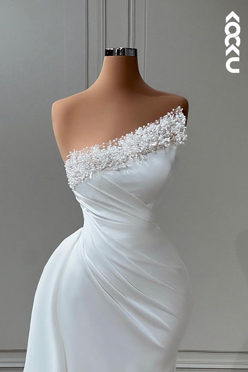 L2378 - White One-Shoulder Elegant Sleeveless Beaded Ruched Mermaid Formal Prom Dress