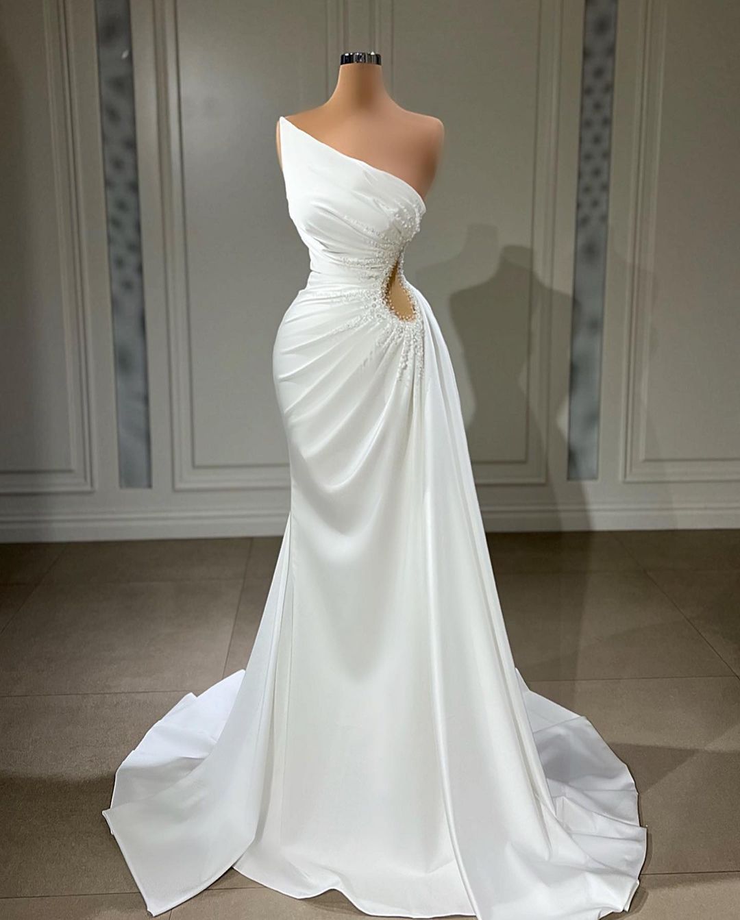 L2375 - Simple & Elegant One Shoulder Sleeveless Ruched Mermaid Beaded Formal Prom Dress