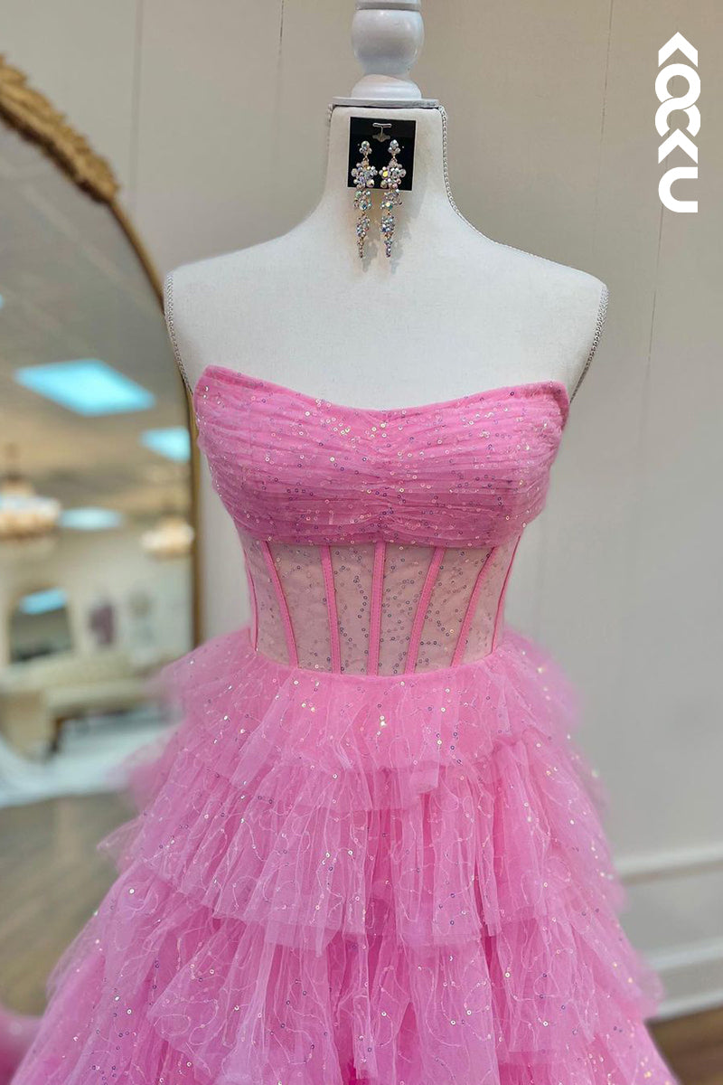 L2356 - Elegant & Classic Strapless Ruffles Pink Long Formal Prom Dress