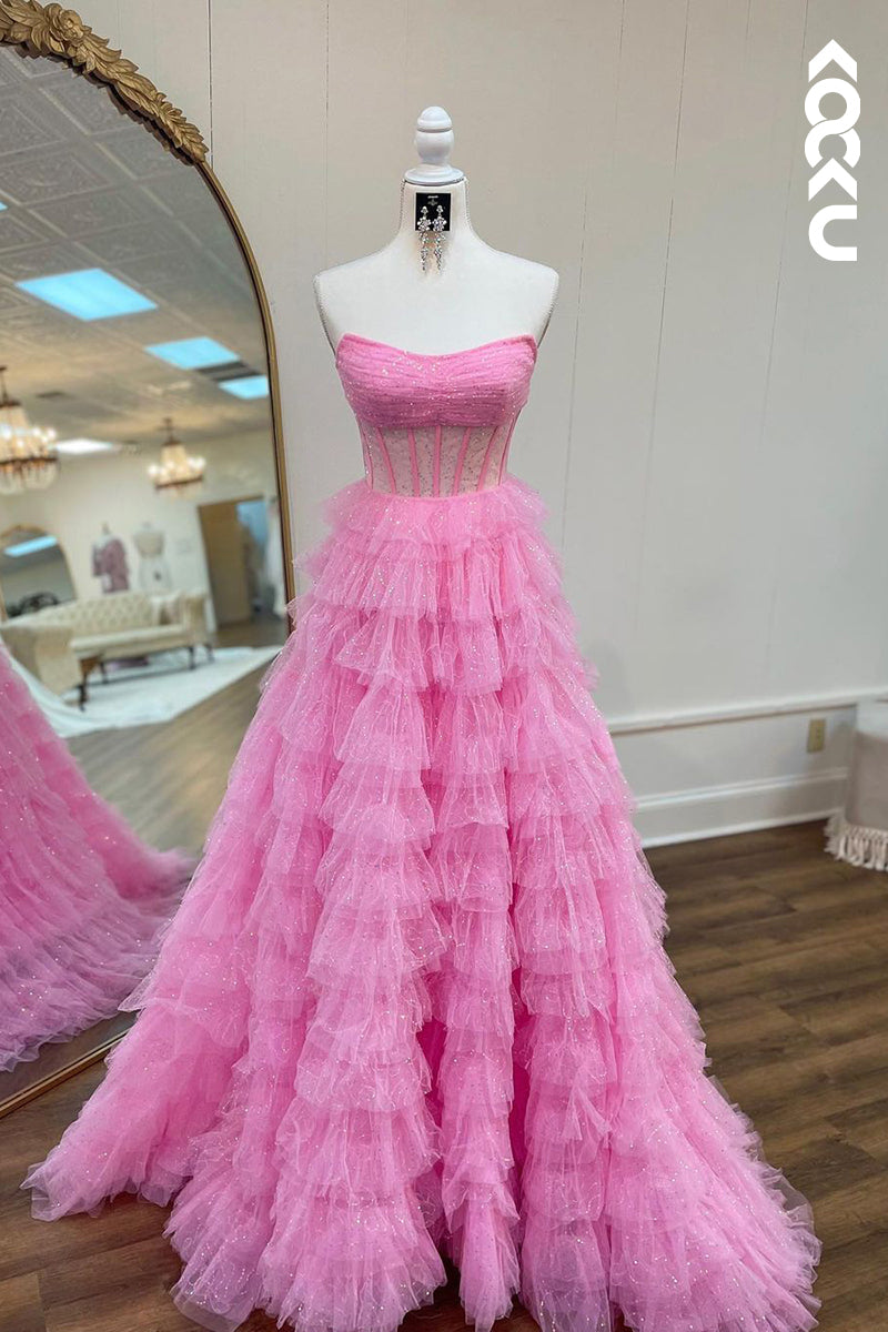 L2356 - Elegant & Classic Strapless Ruffles Pink Long Formal Prom Dress