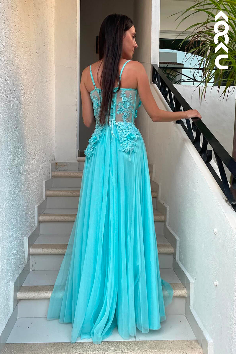 L3012 - Elegant & Luxurious Spaghetti Straps A-line Side Slit Applique Party Prom Dress