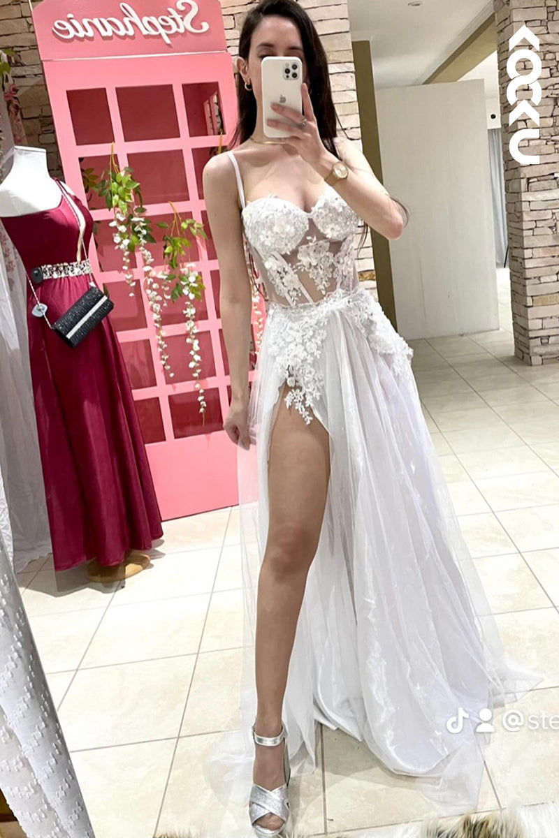 L3012 - Elegant & Luxurious Spaghetti Straps A-line Side Slit Applique Party Prom Dress