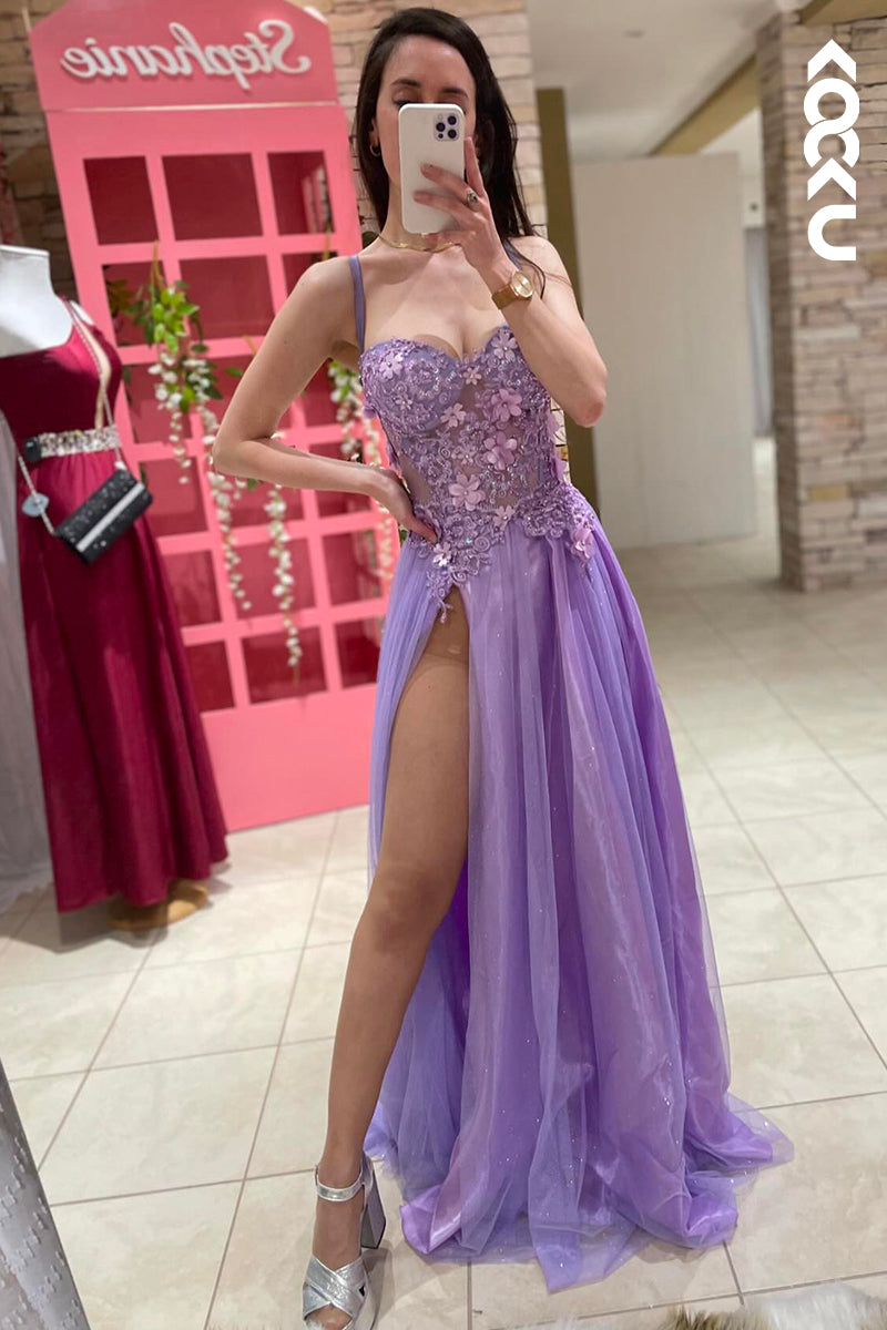 L3012 - Elegant & Luxurious Spaghetti Straps A-line Side Slit Applique Party Prom Dress