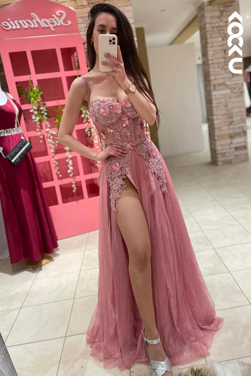 L3012 - Elegant & Luxurious Spaghetti Straps A-line Side Slit Applique Party Prom Dress