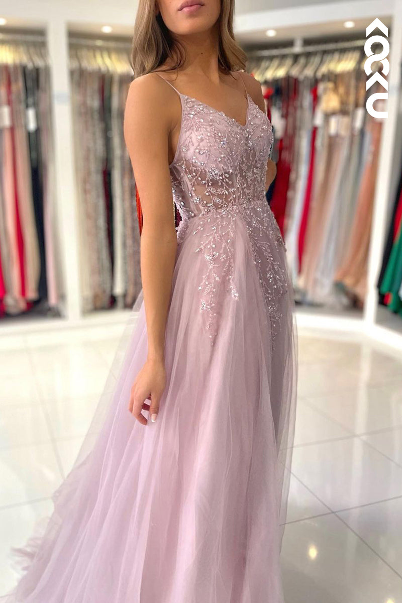 L2460 - Elegant Spaghetti straps V-neck A-Line Slit Tulle Formal Prom Dress With Applique