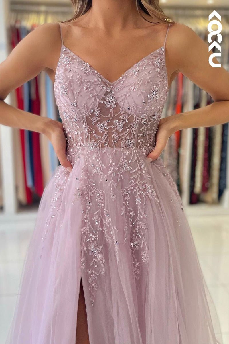 L2460 - Elegant Spaghetti straps V-neck A-Line Slit Tulle Formal Prom Dress With Applique