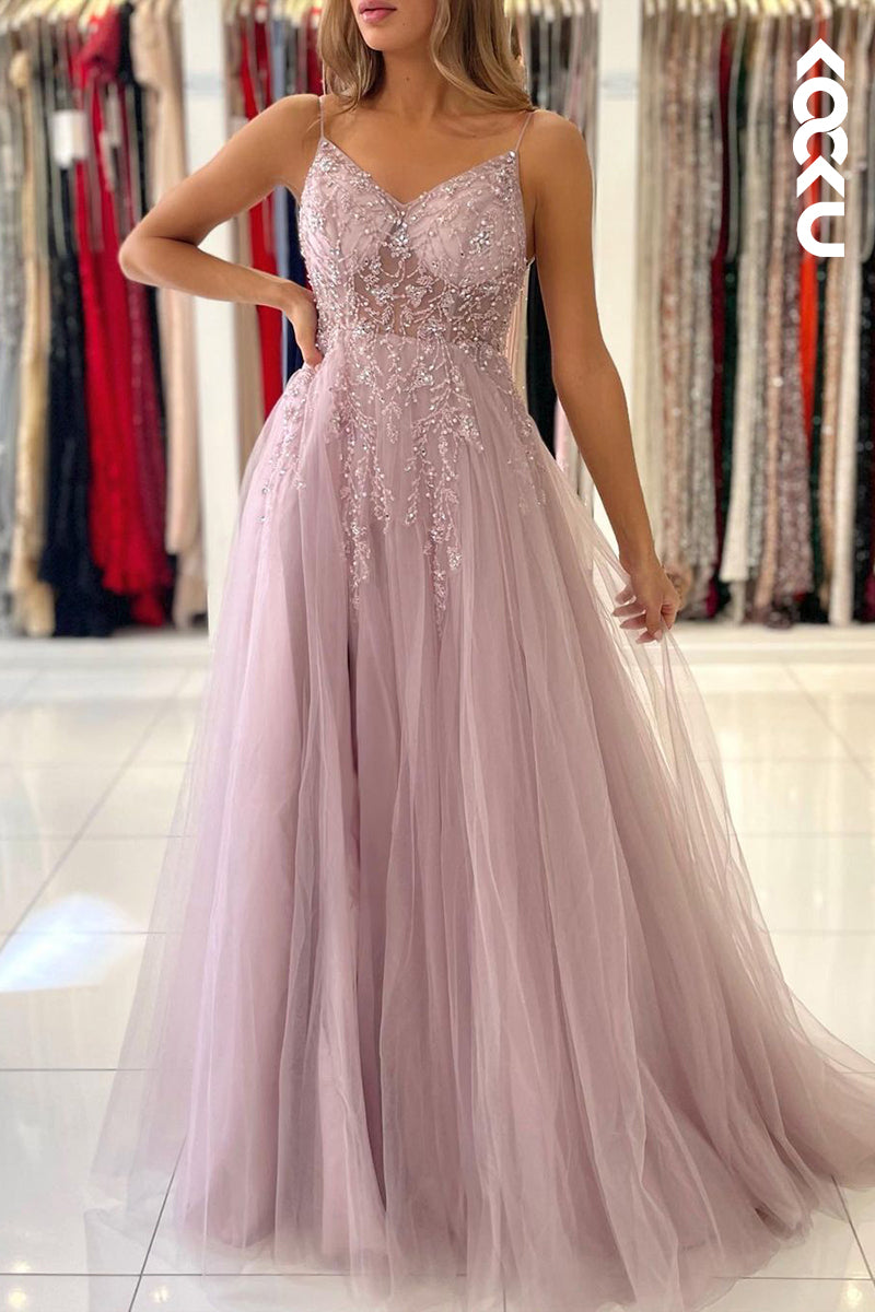 L2460 - Elegant Spaghetti straps V-neck A-Line Slit Tulle Formal Prom Dress With Applique