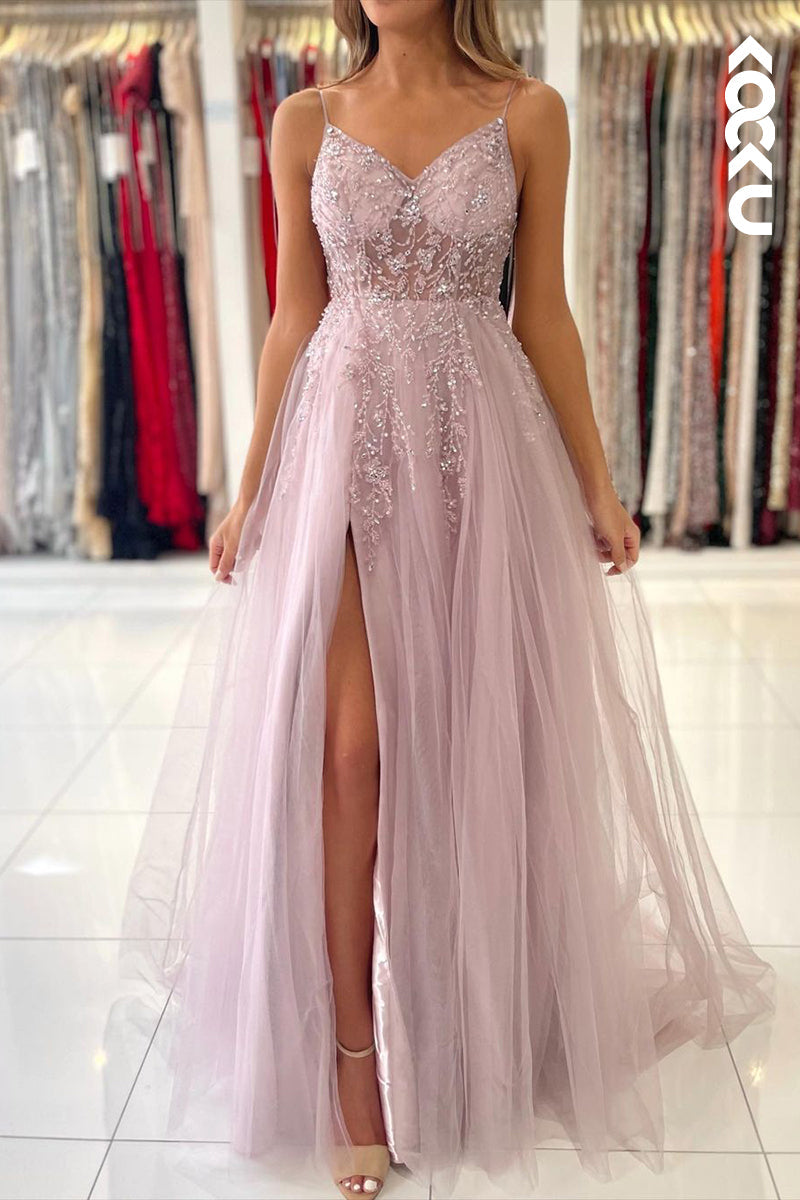 L2460 - Elegant Spaghetti straps V-neck A-Line Slit Tulle Formal Prom Dress With Applique