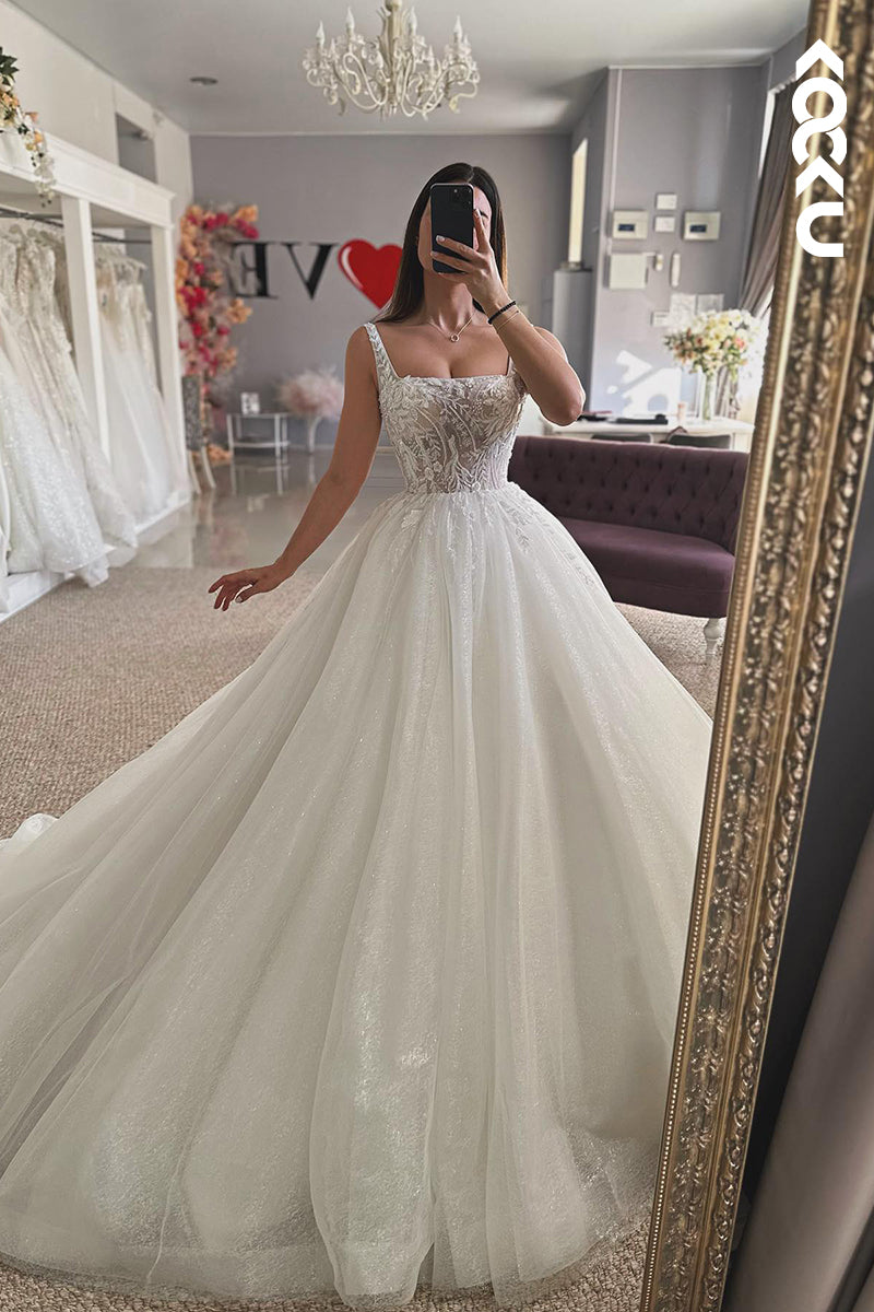 K2067 - Classic & Timeless Straps Square Applique Tulle Wedding Dress