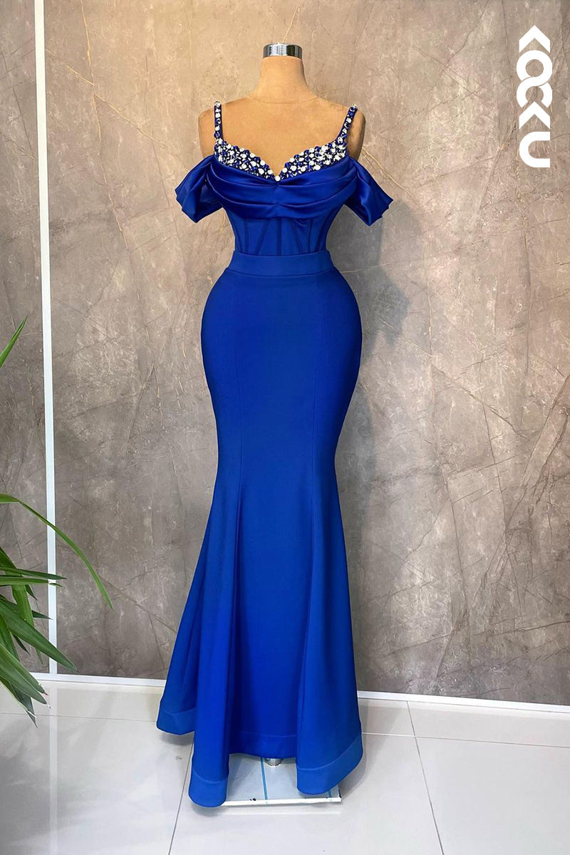 L2414 - Rhinestones Straps Cap Sleeves Mermaid V-neck Party Formal Prom Dress