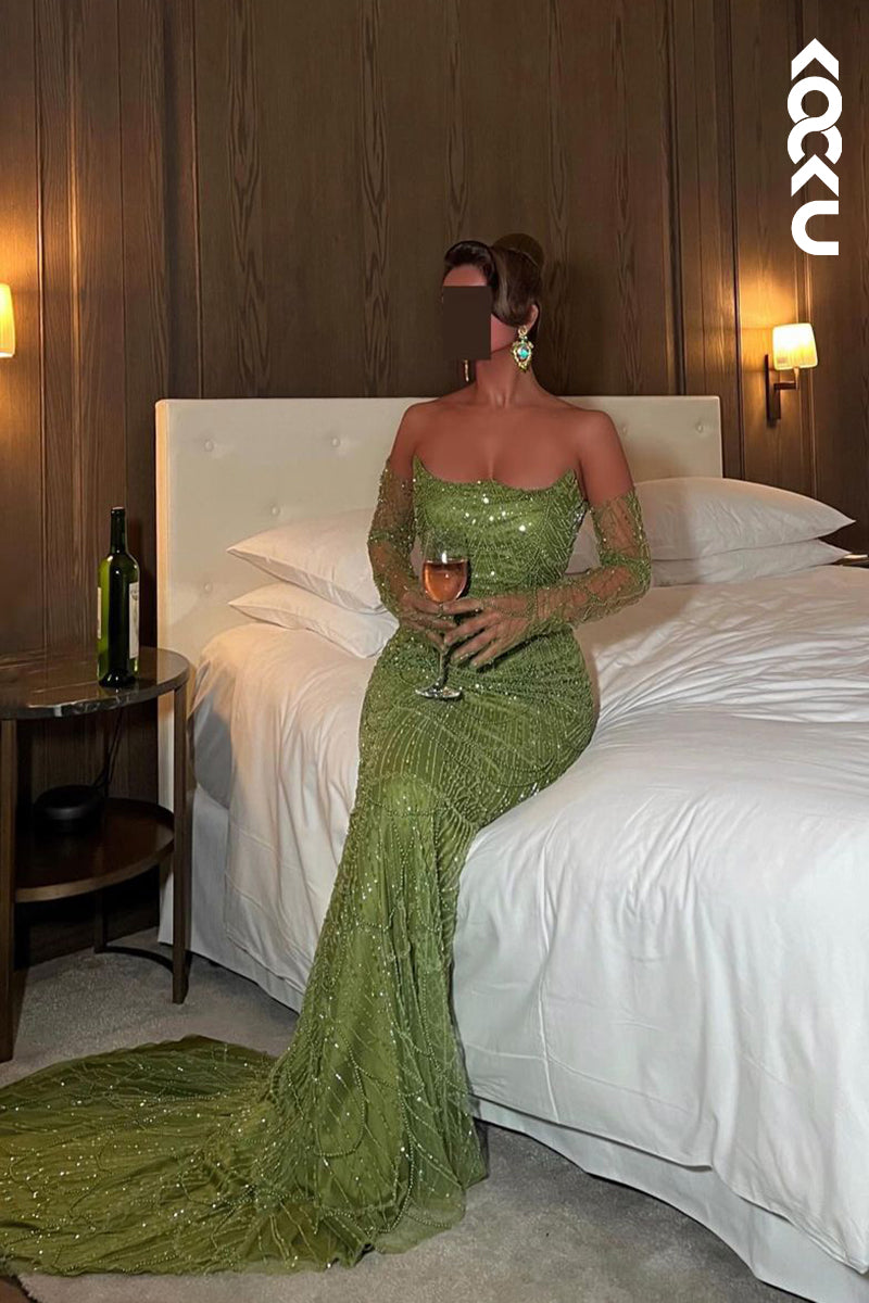 L2678 - Chic & Sparkly Off-Shoulder Mermaid Long Sleeves Evening Party Prom Dress