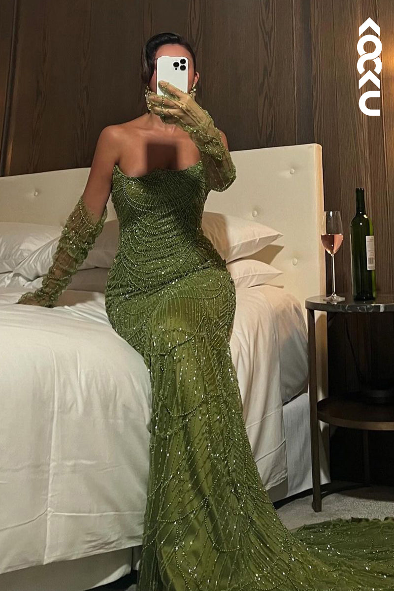 L2678 - Chic & Sparkly Off-Shoulder Mermaid Long Sleeves Evening Party Prom Dress