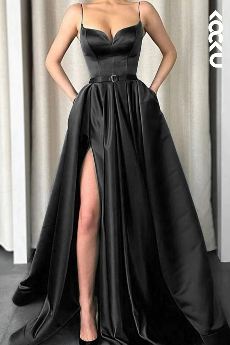 L2494 - Simple & Casual Spaghetti Straps V-Neck Side Slit A-Line Formal Prom Dress