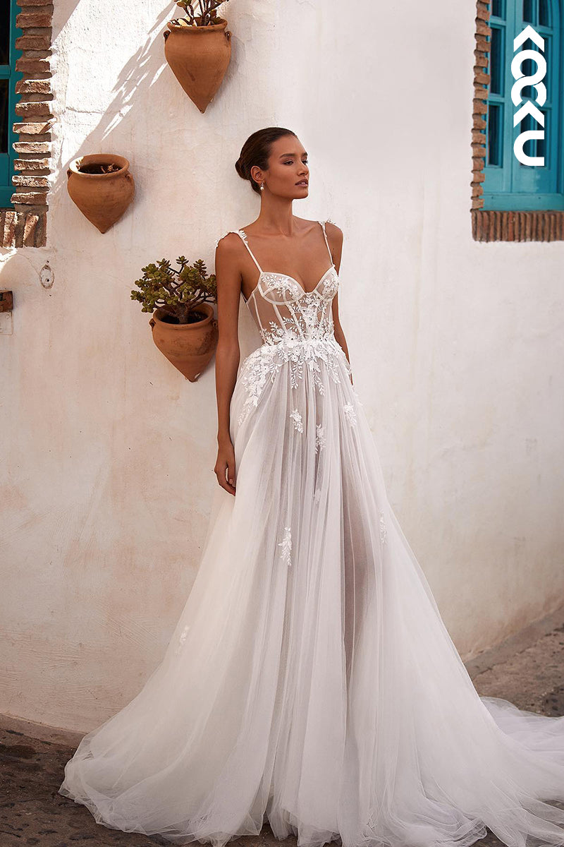 K2019 - Gorgeous & Charming Spaghetti Straps V-Neck A-line Applique Tulle Wedding Dress