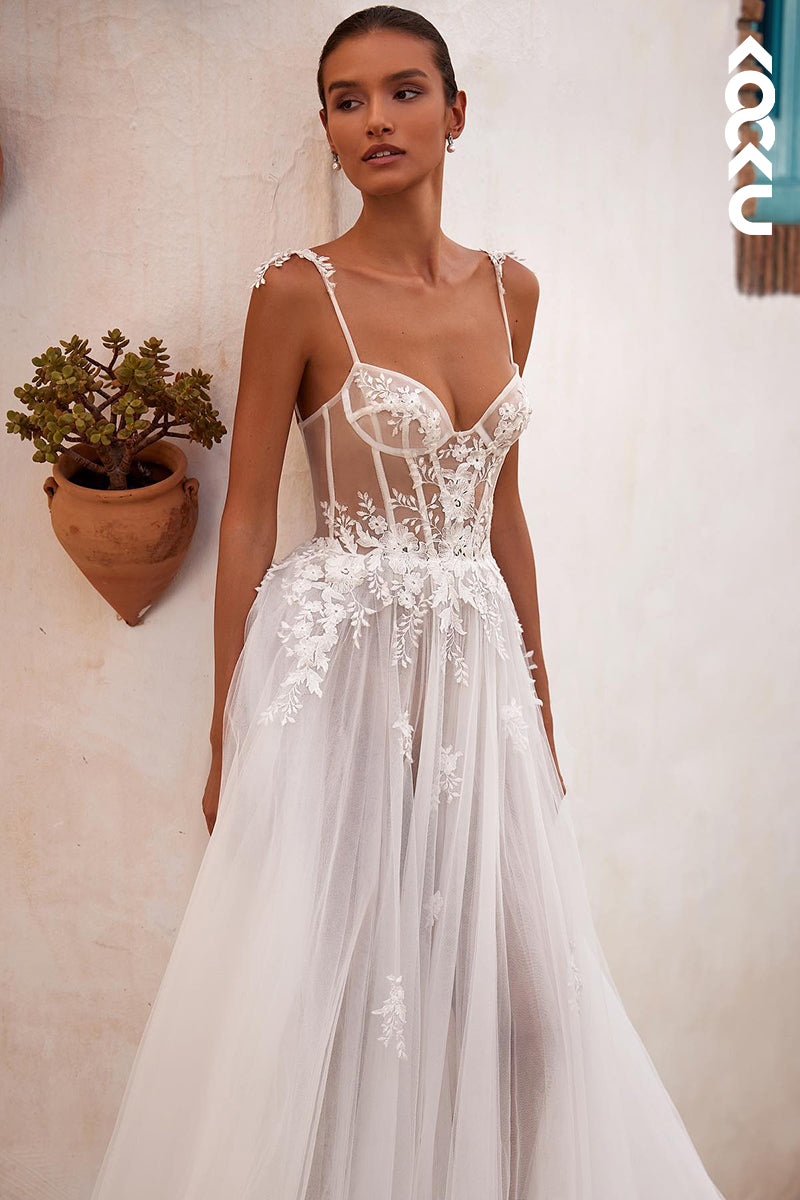 K2019 - Gorgeous & Charming Spaghetti Straps V-Neck A-line Applique Tulle Wedding Dress