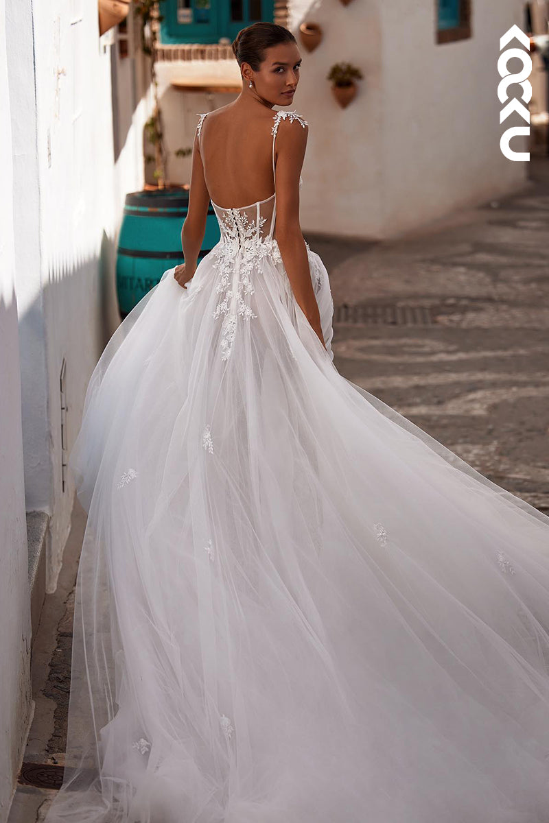 K2019 - Gorgeous & Charming Spaghetti Straps V-Neck A-line Applique Tulle Wedding Dress