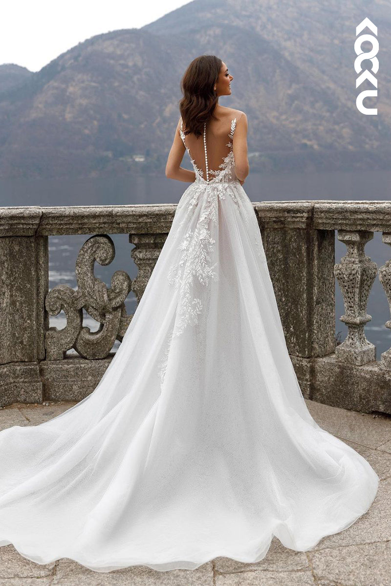 K1943 - Sexy & Elegant V-neck Straps A-line Side Slit Wedding Dress With Applique