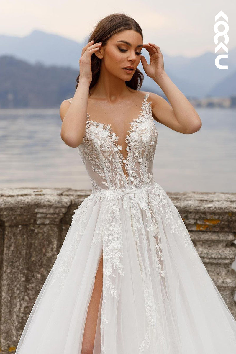 K1943 - Sexy & Elegant V-neck Straps A-line Side Slit Wedding Dress With Applique