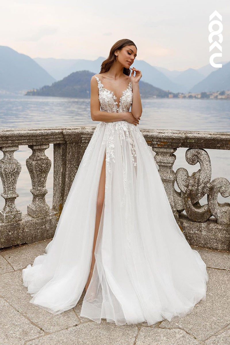 K1943 - Sexy & Elegant V-neck Straps A-line Side Slit Wedding Dress With Applique