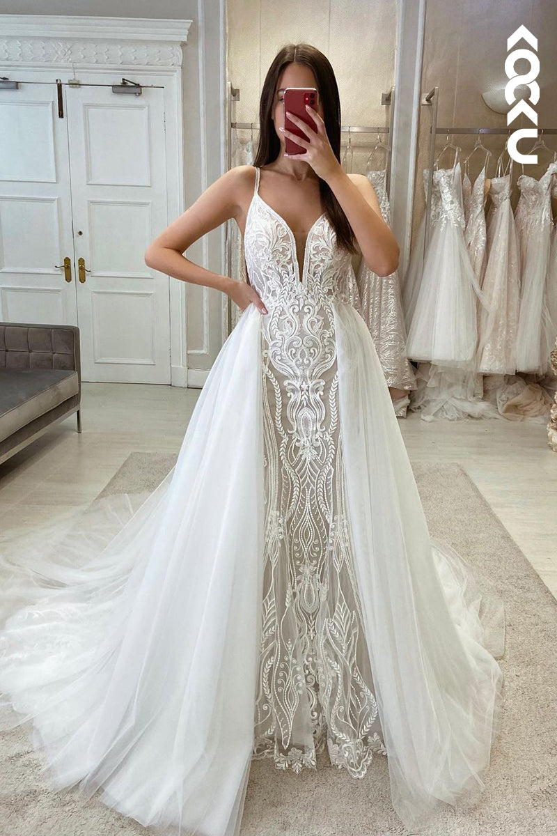 K1981 - Glamorous & Dramatic Spagehtti straps V-neck Mermaid Fully Applique Wedding Dress