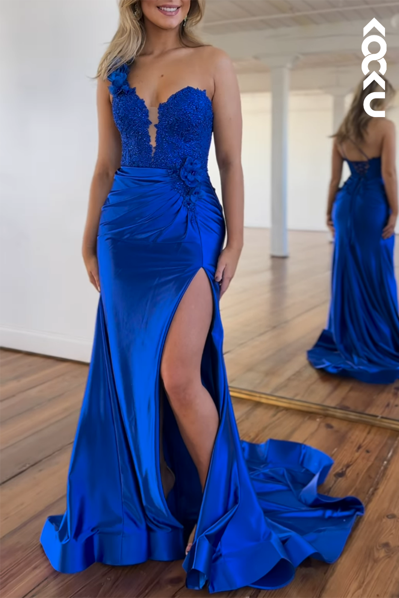 L2555 - Chic & Hot One Shoulder Sleeveless Mermaid Side Slit Mermaid Formal Party Party Prom Dress