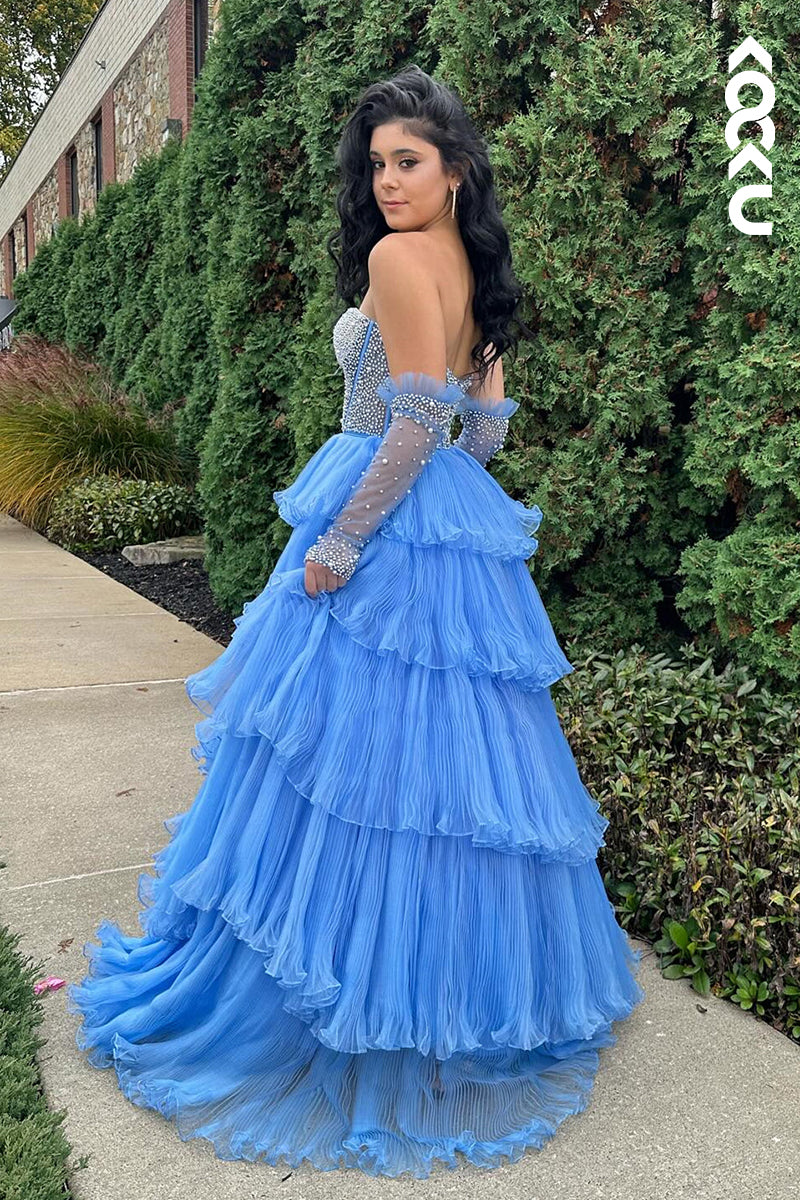 L2381 - Off-Shoulder Beads Ruffles Long Formal Prom Dress