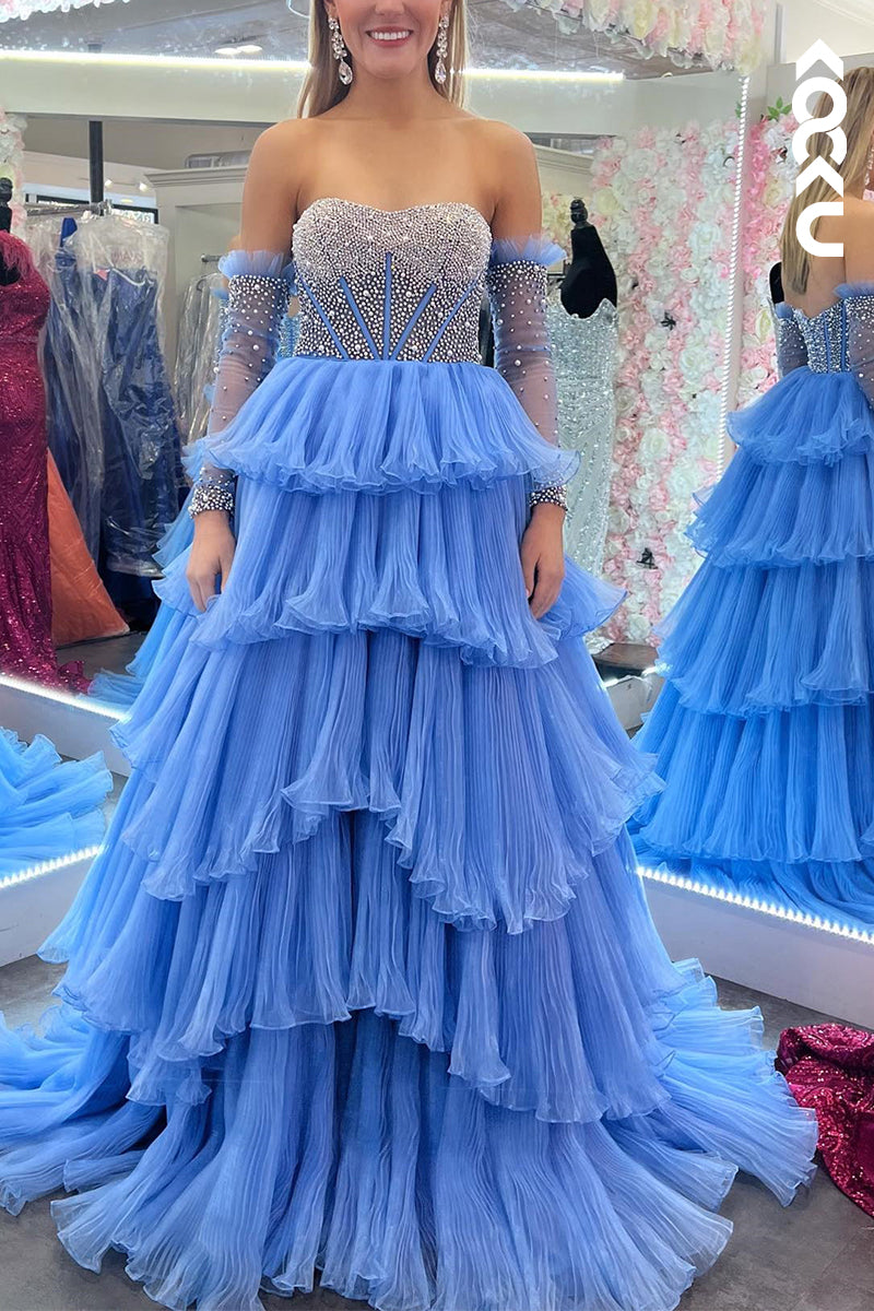 L2381 - Off-Shoulder Beads Ruffles Long Formal Prom Dress