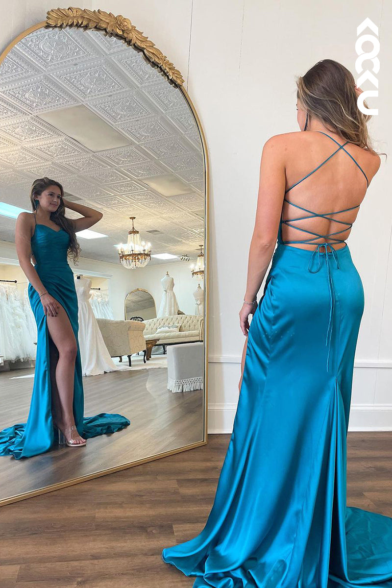 L2348 - Crisscross Back Spaghetti straps Sleeveless Ruched Mermaid Slit Party Prom Dress