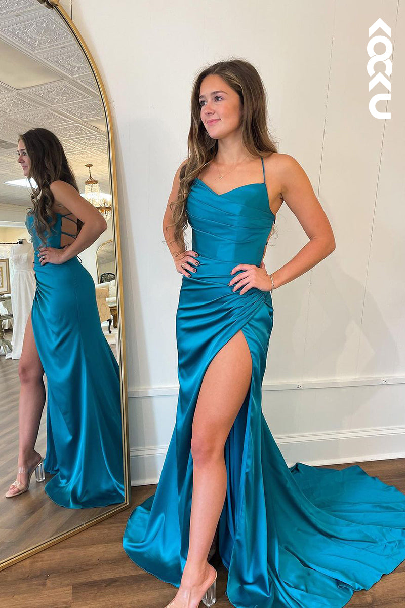 L2348 - Crisscross Back Spaghetti straps Sleeveless Ruched Mermaid Slit Party Prom Dress