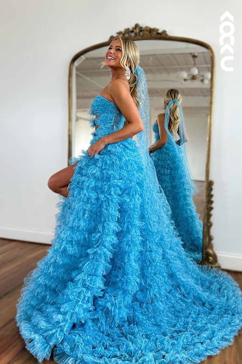 L2336 - Elegant Sweetheart Ruffles Blue Long Formal Prom Dress with Slit